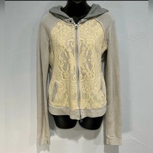 Free People Lace Knit Zip Up Hoodie Gray Cream Cotton Womens Size XS
